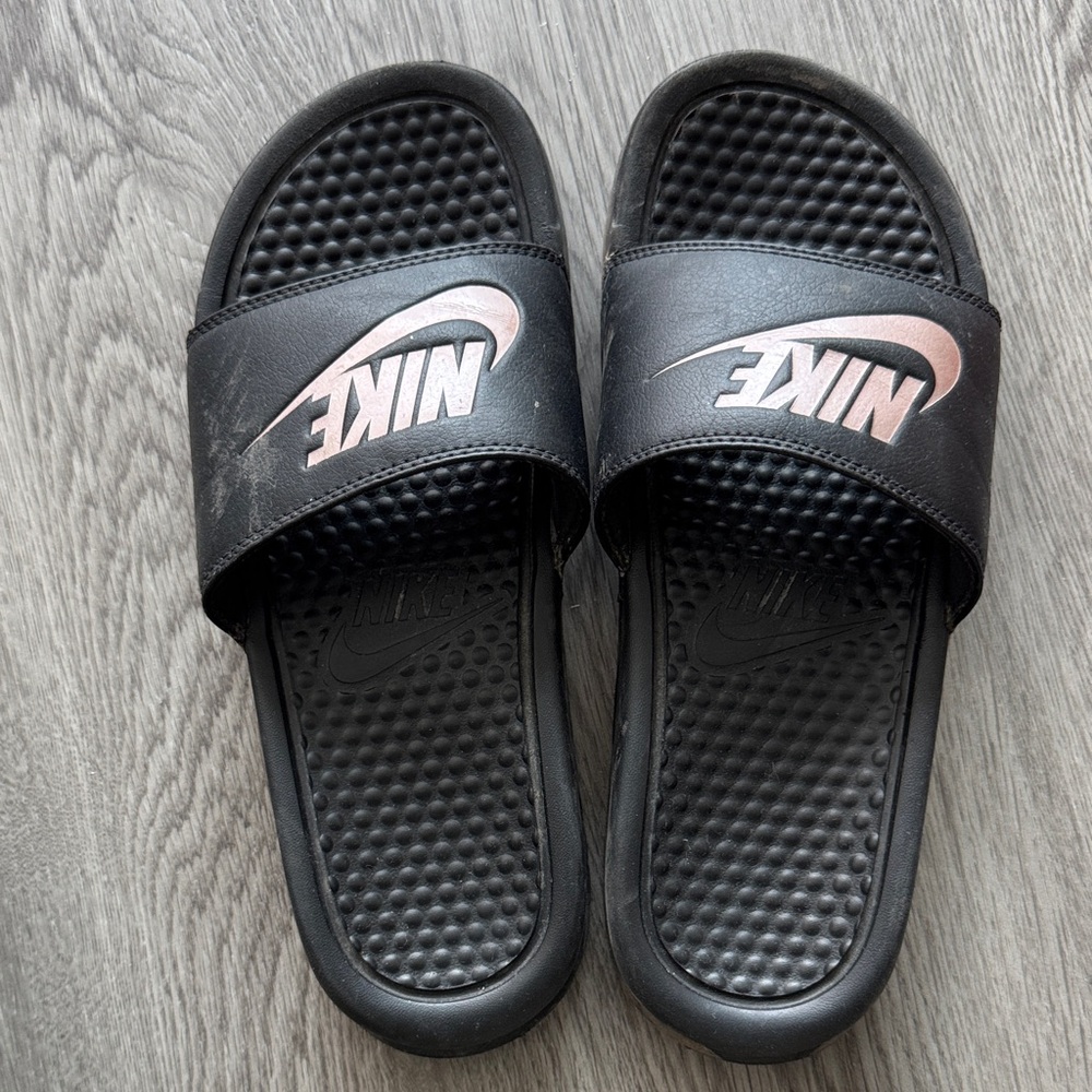 Nike Black and Pink Slide Sandals